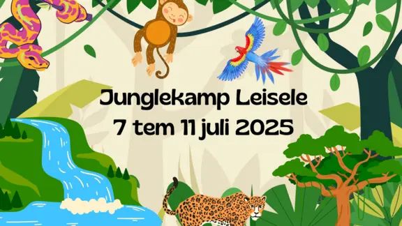 Achtergrond jungle met opschrift Junglekamp Leisele 7 tem 11 juli 2025